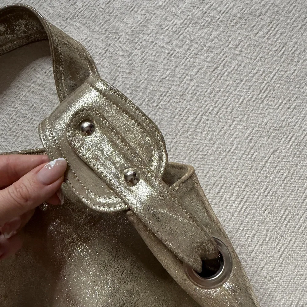 CoFi Leather Brushed Gold Metallic Hobo Bag Festival Boho